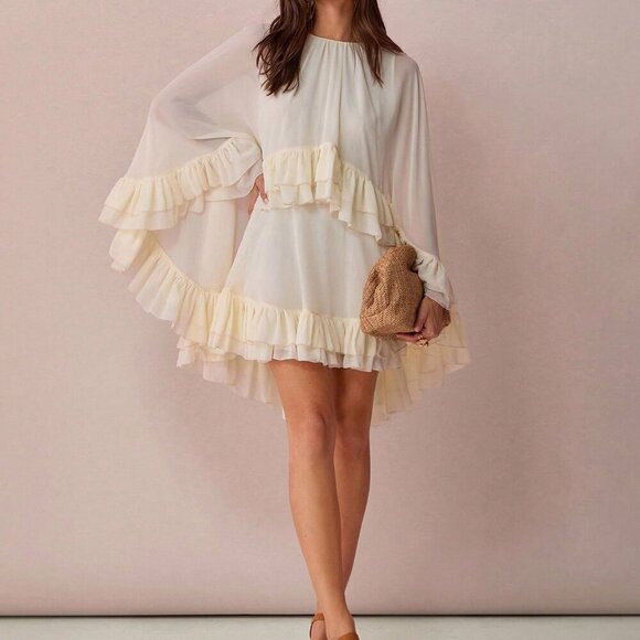 Apricot Boho Womens Romantic Cape Ruffle Hem Mini Dress - Picture 6 of 7